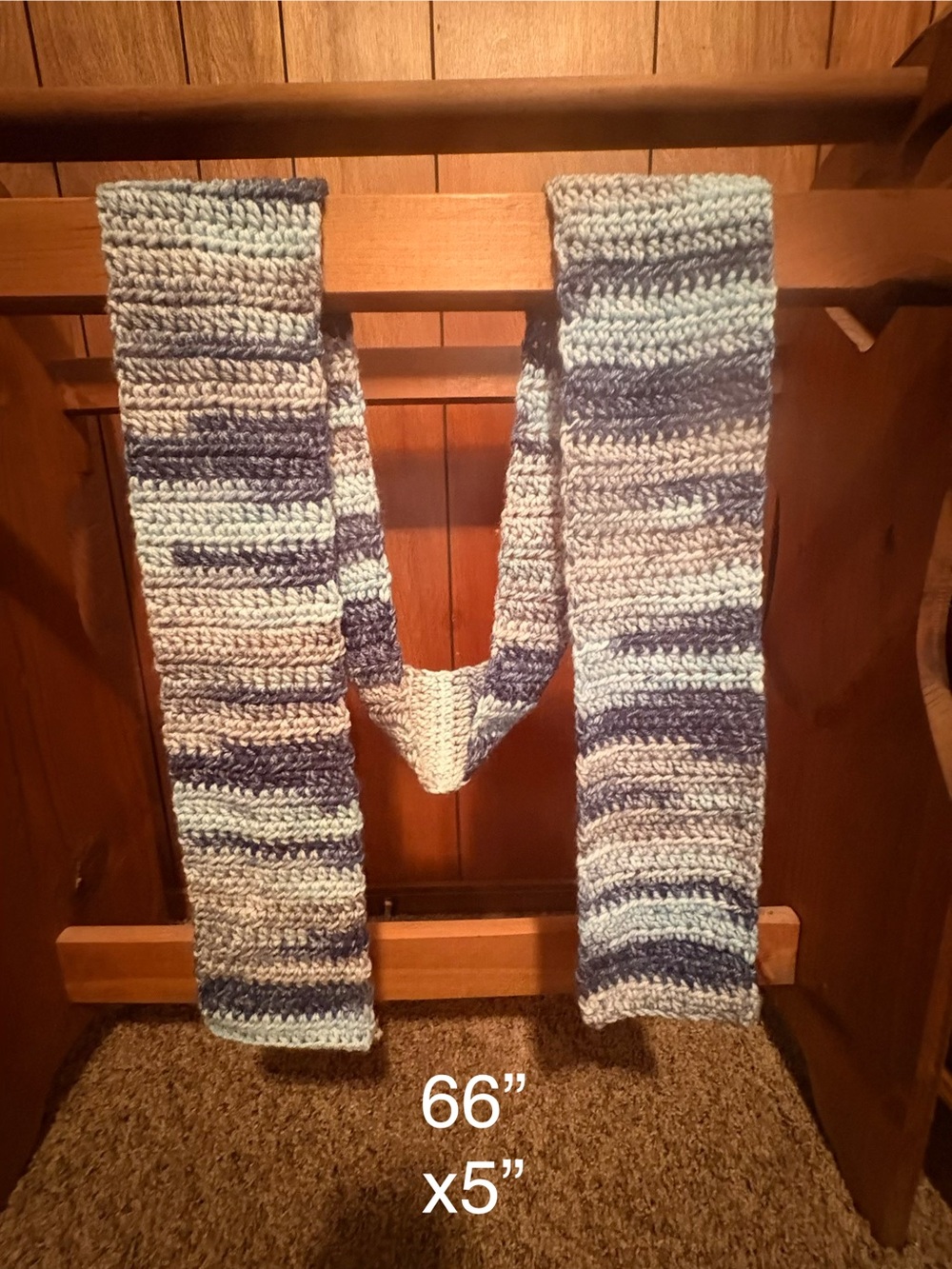 Handmade Crocheted Scarf in Light Blue & Navy
